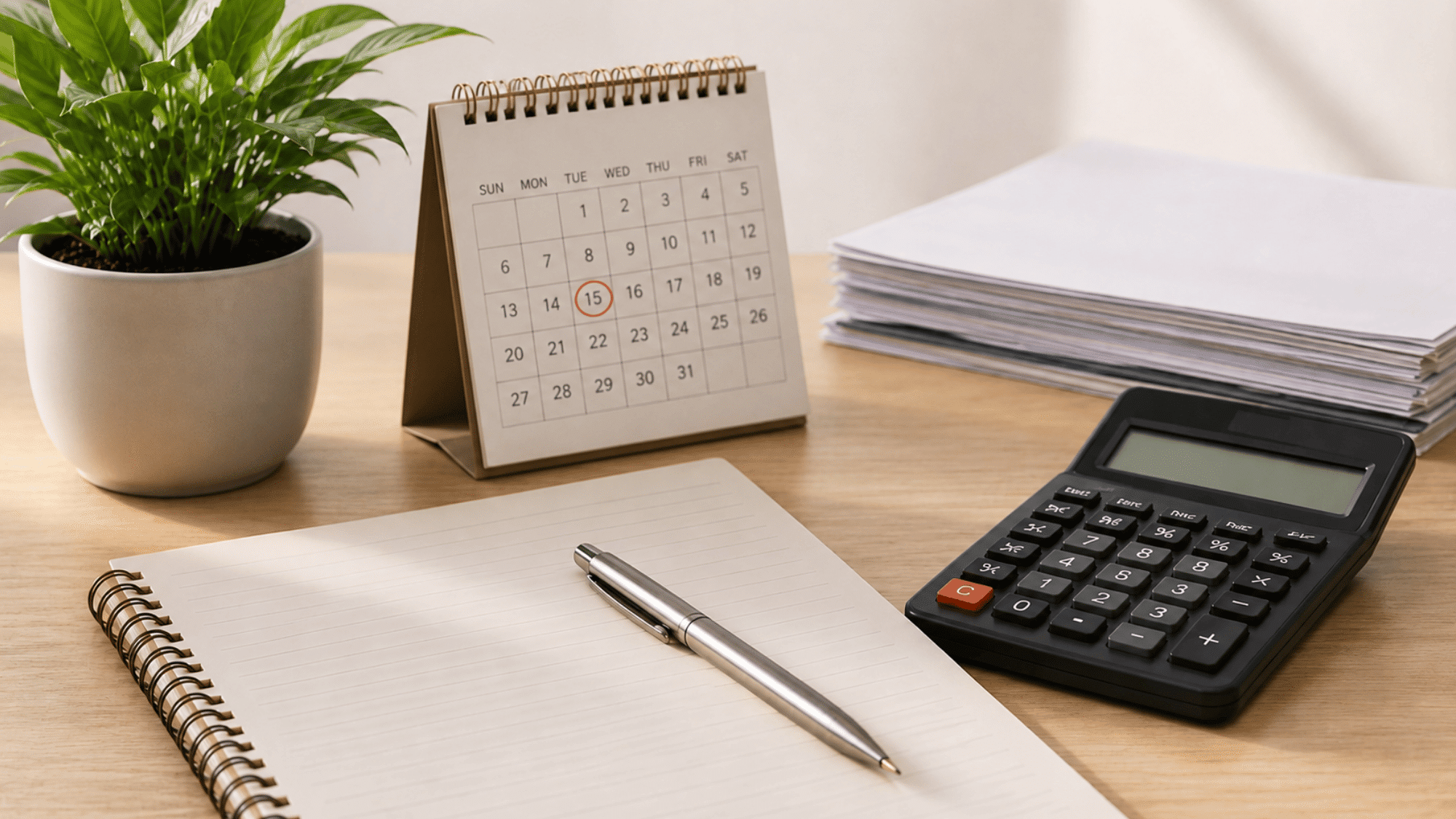 workspace with notebook calendar calculator and paperwork representing paycheck deductions and payroll tax planning on desk