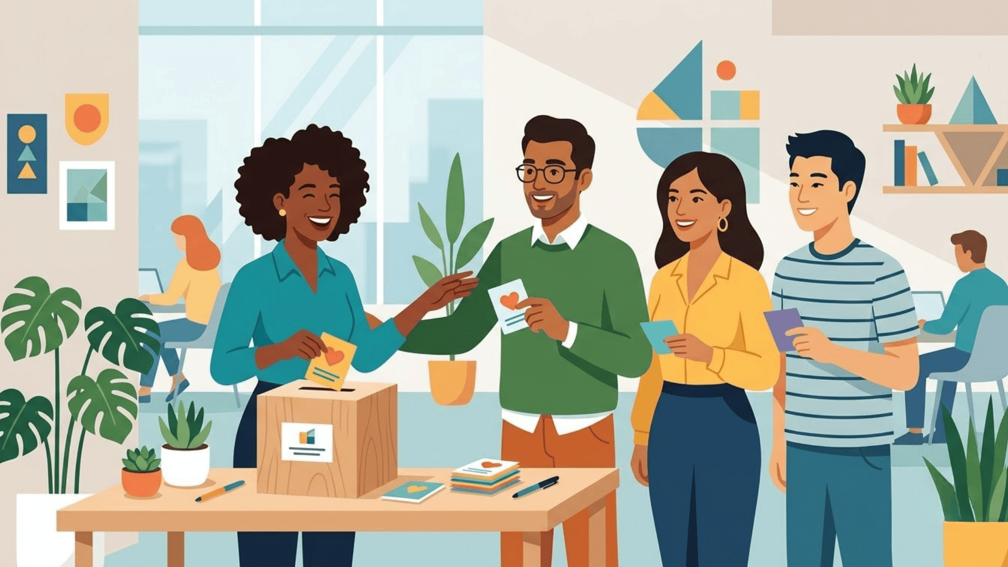 employees receiving appreciation gift boxes during a workplace recognition event with a simple office setup