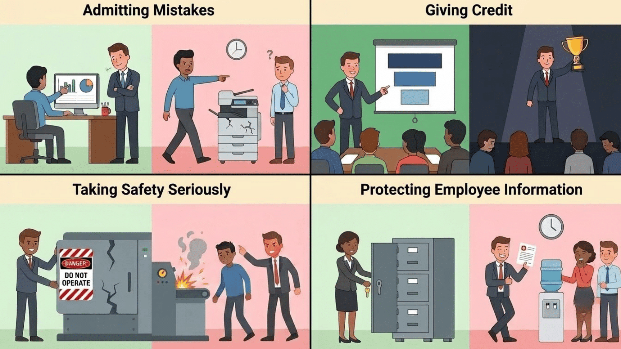 four examples compare ethical and unethical workplace behavior involving mistakes credit safety and employee privacy