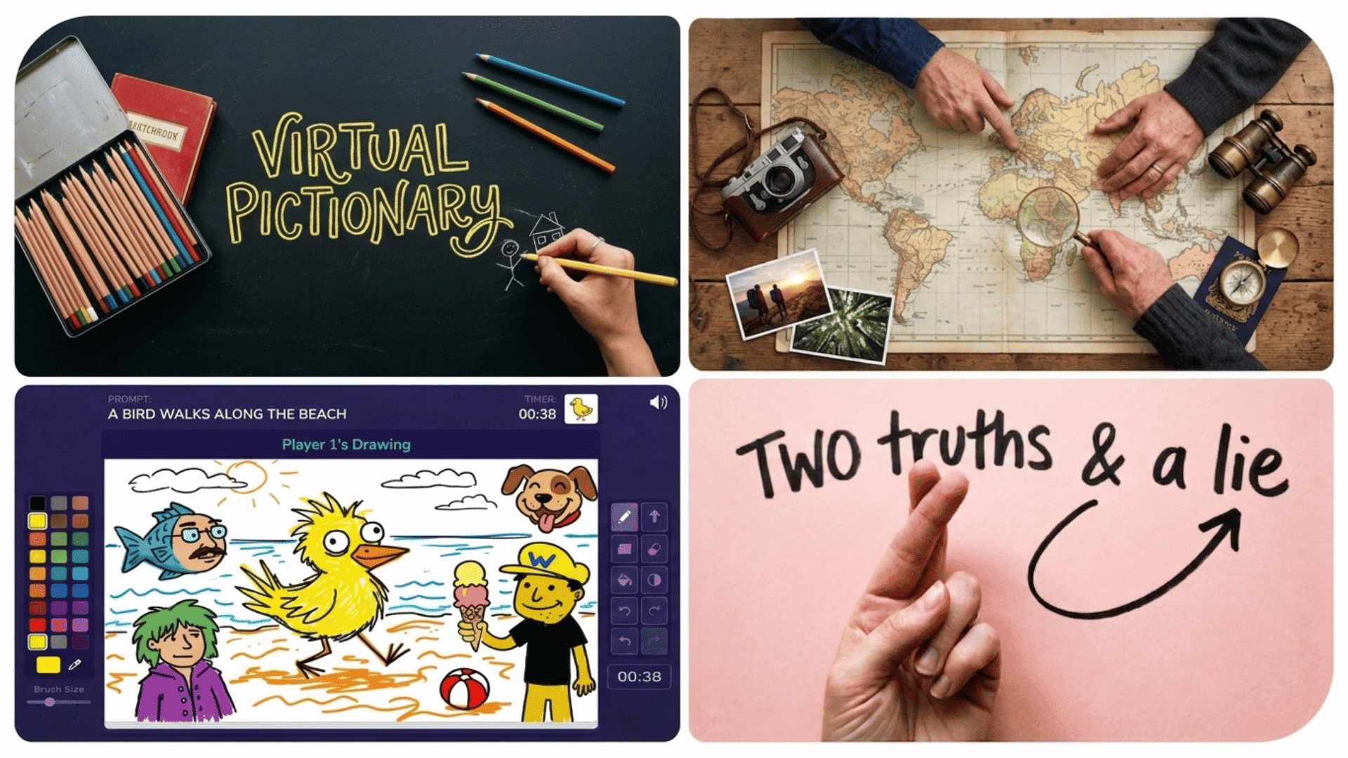 Four-panel collage showing interactive virtual happy hour ideas, including virtual Pictionary, online travel games, digital drawing, and two truths and a lie.