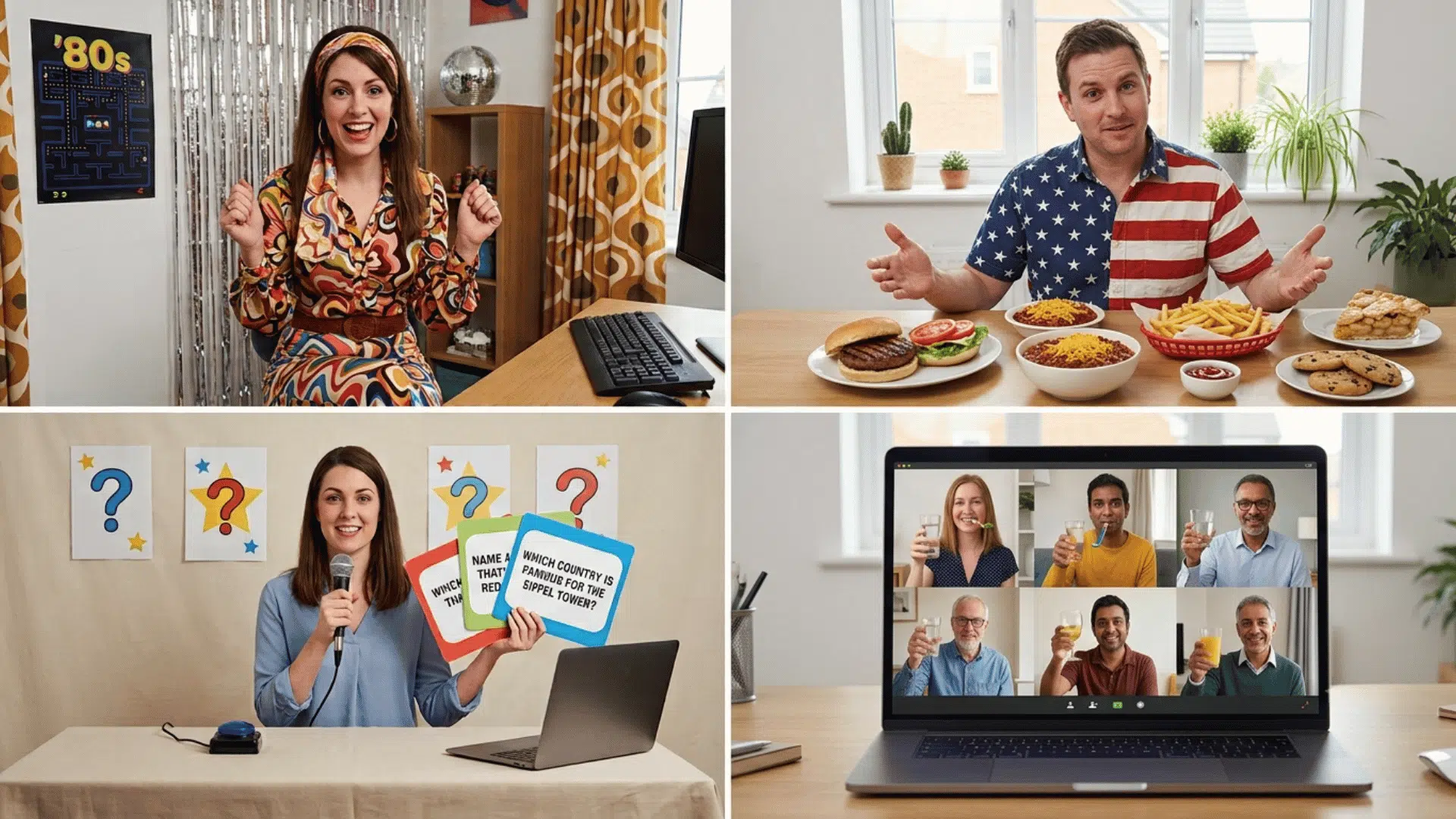 Four-panel collage showing themed virtual happy hour ideas, including an 80s party, food tasting, trivia game, and online group toast.