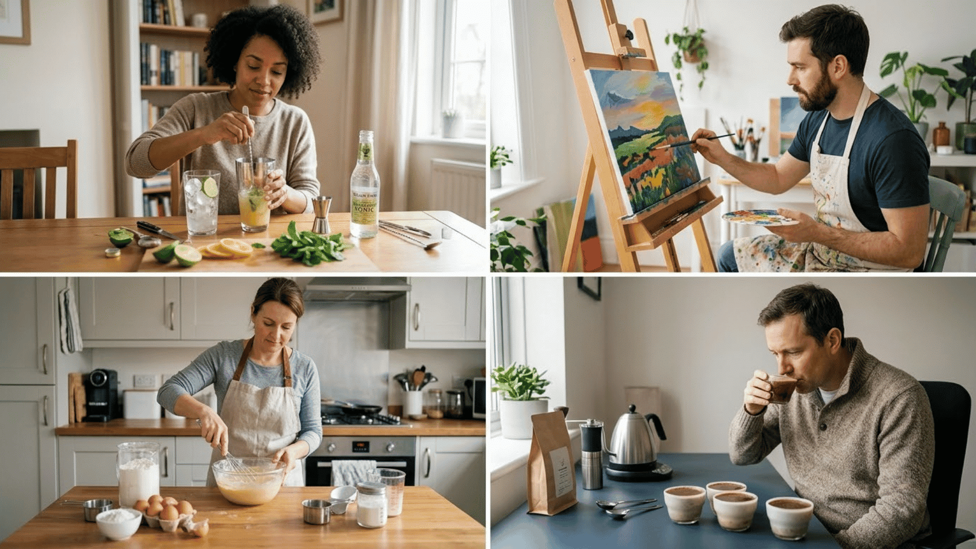 Four-panel collage showing virtual happy hour ideas adults mixing drinks, painting, baking, and tasting coffee during virtual happy hour activities.