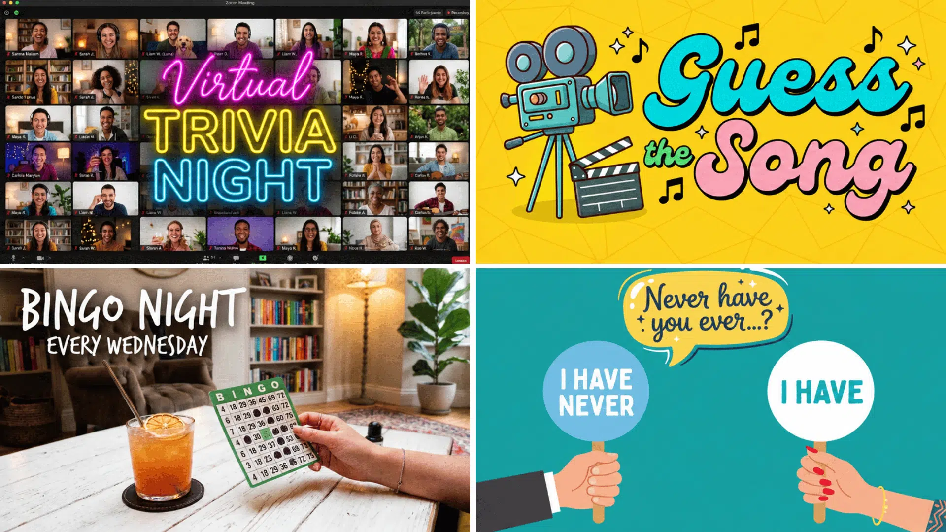 Four virtual happy hour ideas,trivia night, song guessing, bingo, and never have I ever activities