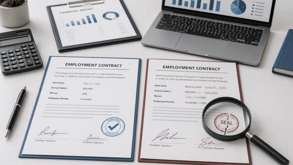 fraudulent misrepresentation shown in an altered employment contract next to a verified original