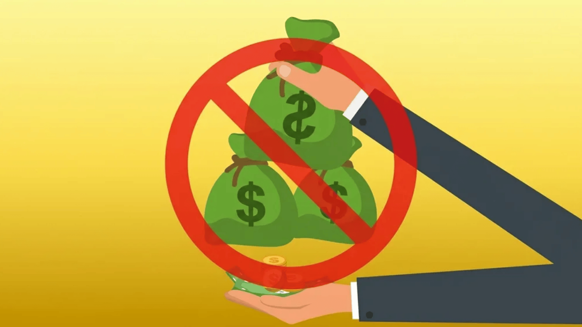 Hand blocking money bags with a red prohibition sign, symbolizing restriction on payments or compensation.
