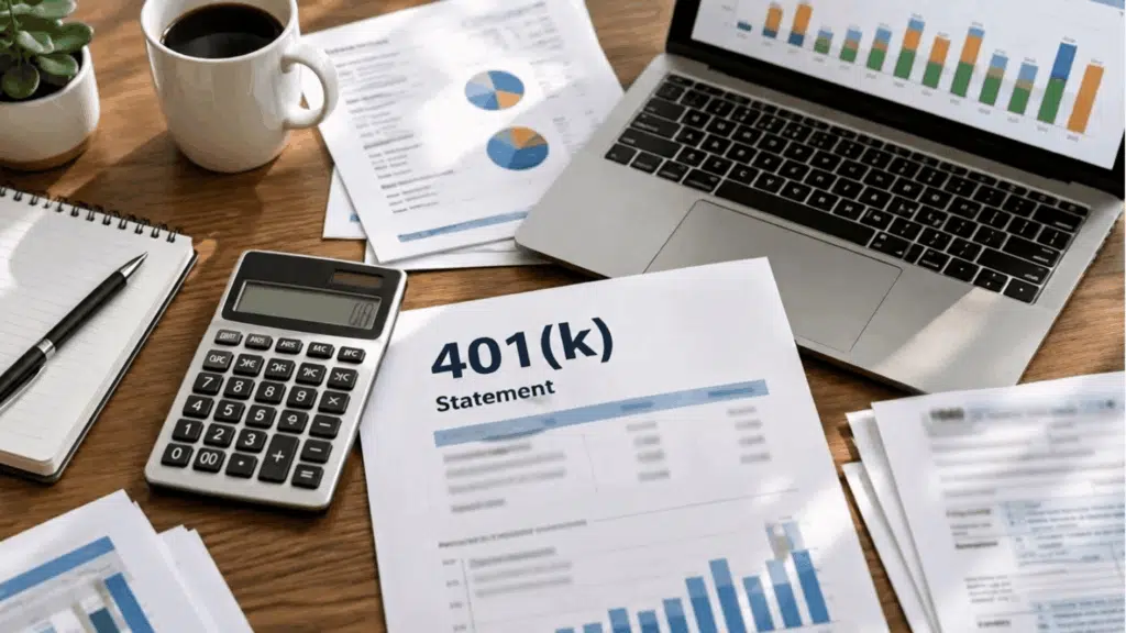 401k statement with retirement charts, calculator, laptop, and financial documents on an office desk