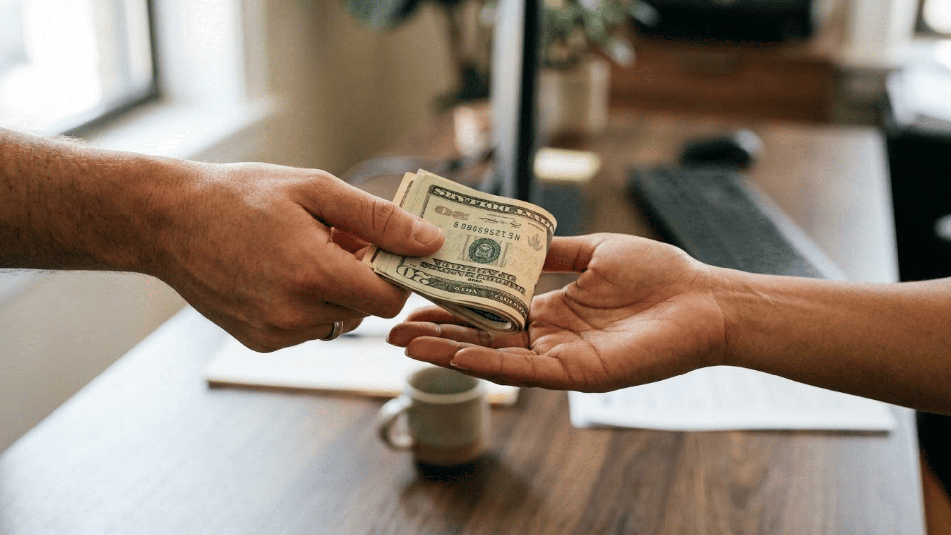 close-up of hand handing cash to employee representing sole proprietor payroll