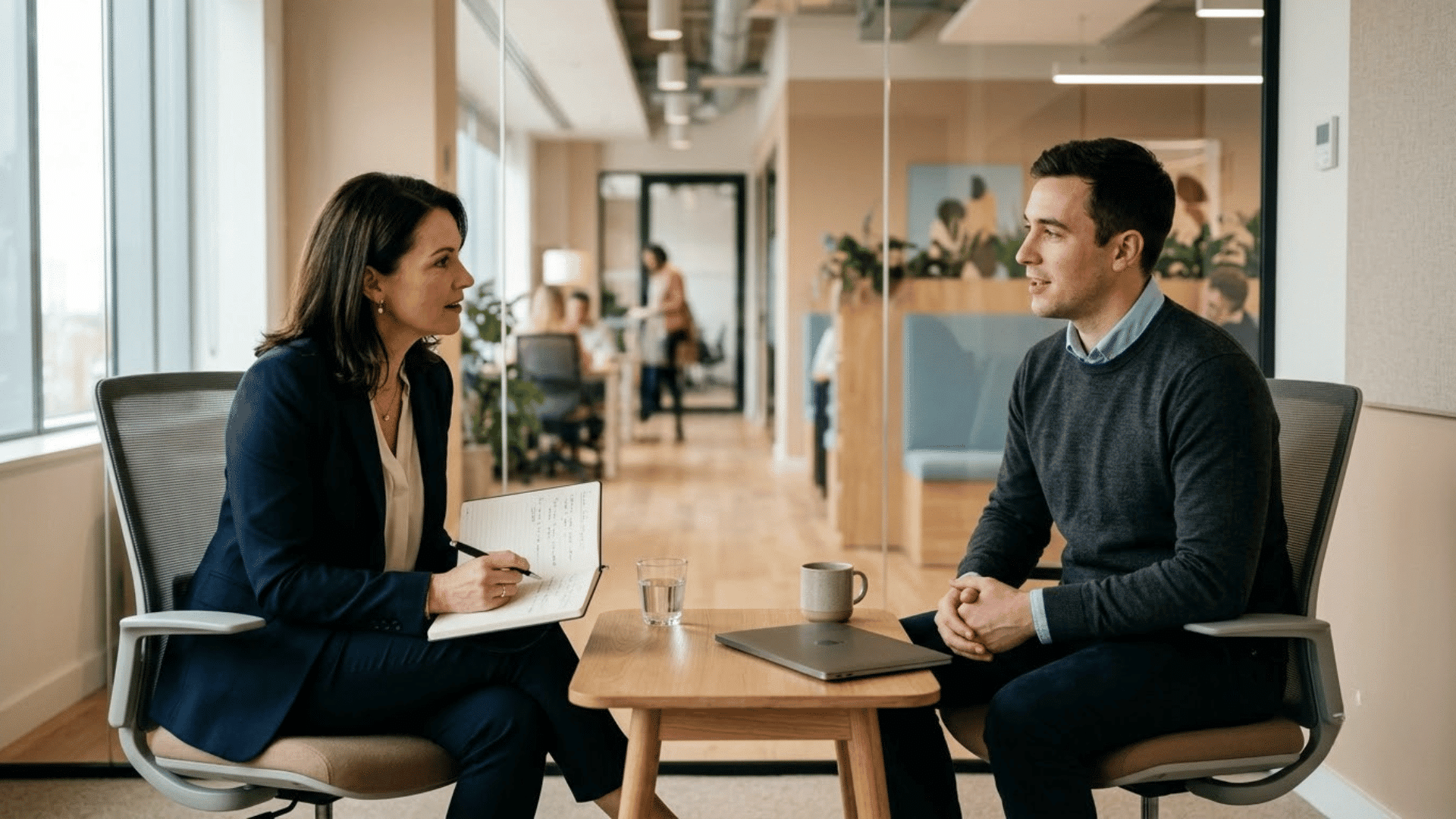 manager addressing a stressed employee at her desk during a workplace conflict conversation