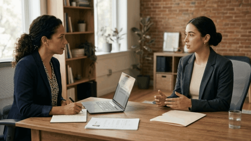 small business owner interviewing a job candidate across a desk in a modern office