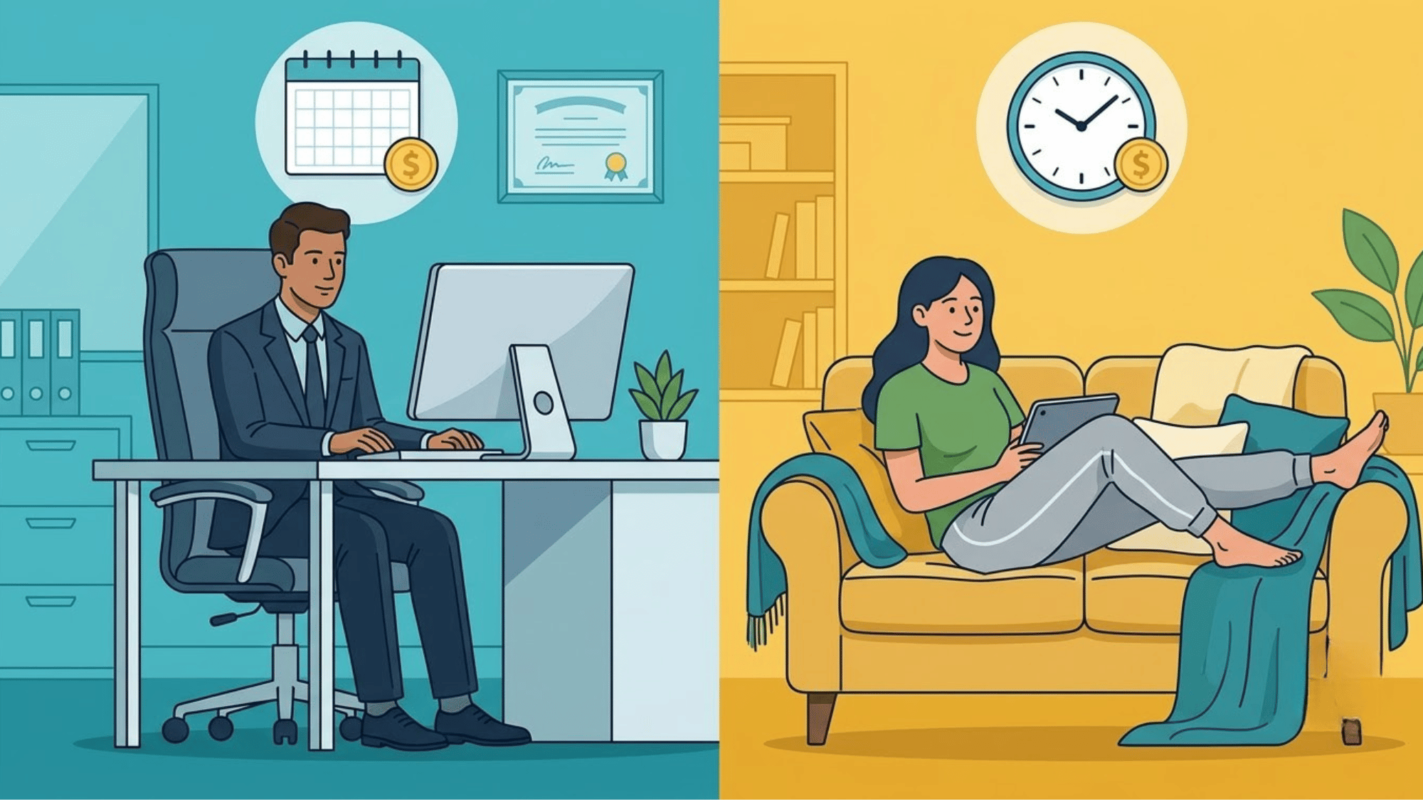 Illustration comparing employee office work and independent contractor work settings