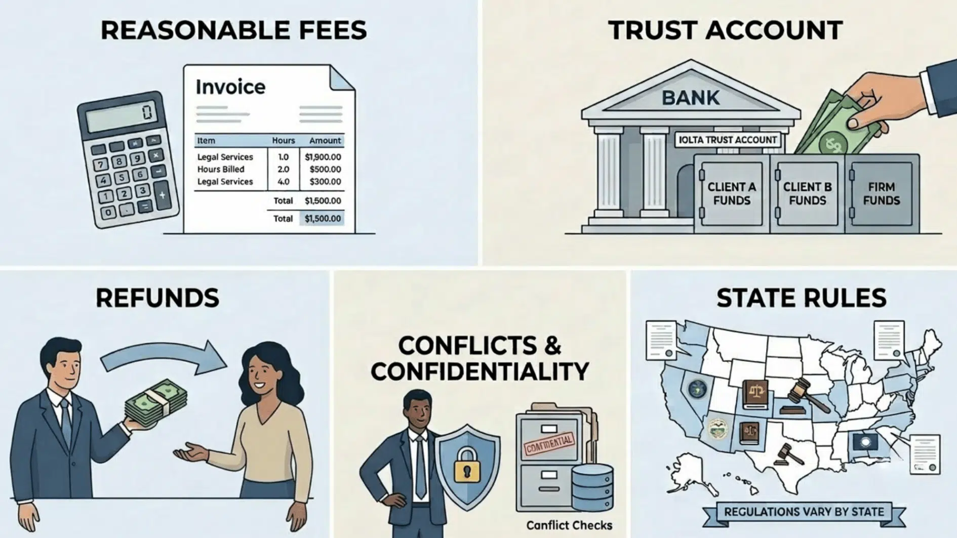 illustration of legal and ethical considerations in retainer agreements, including reasonable fees, trust accounts, refunds, confidentiality, conflicts, and state specific rules