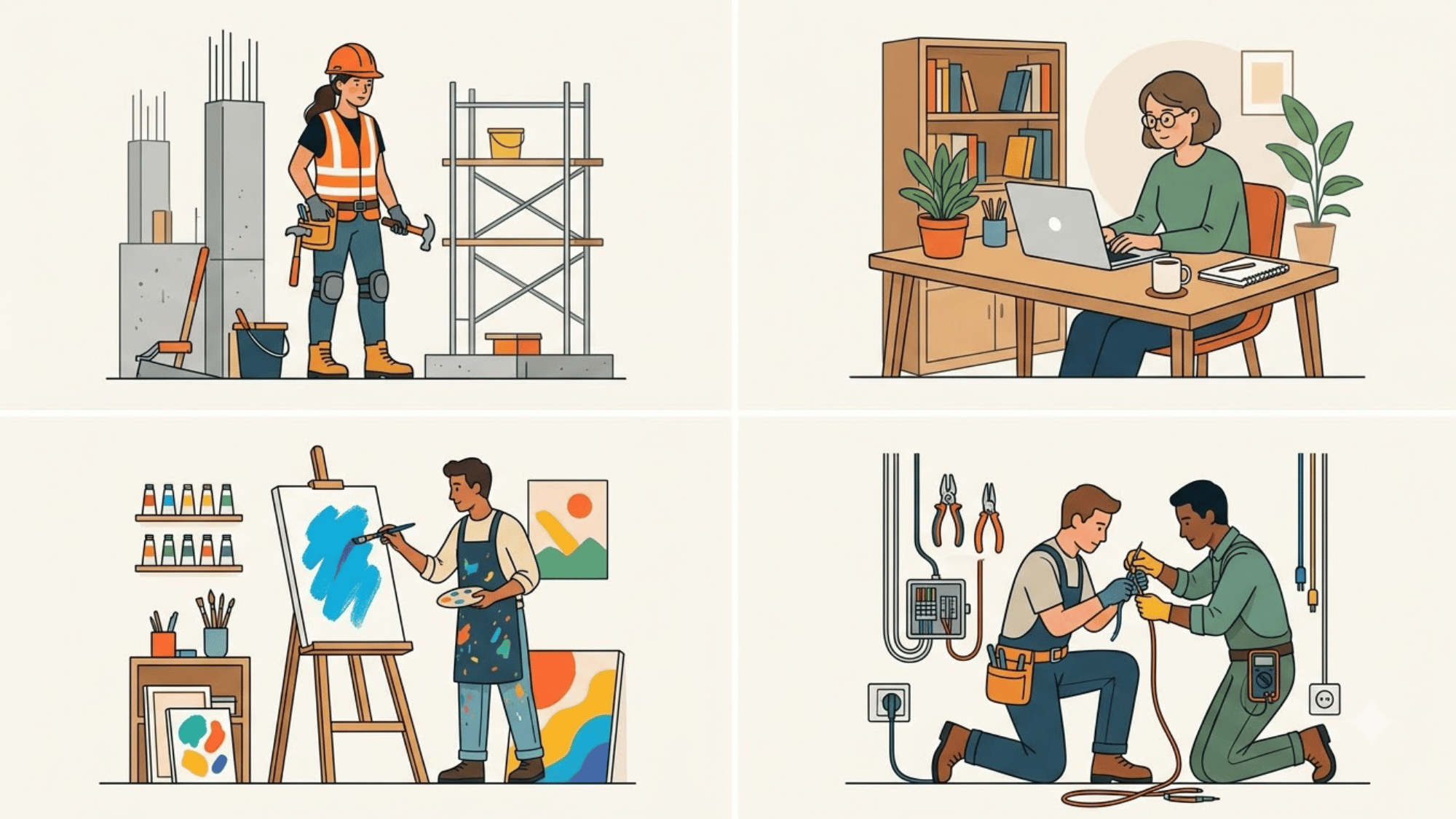 Illustration showing different freelancers including construction, design, office, and service workers
