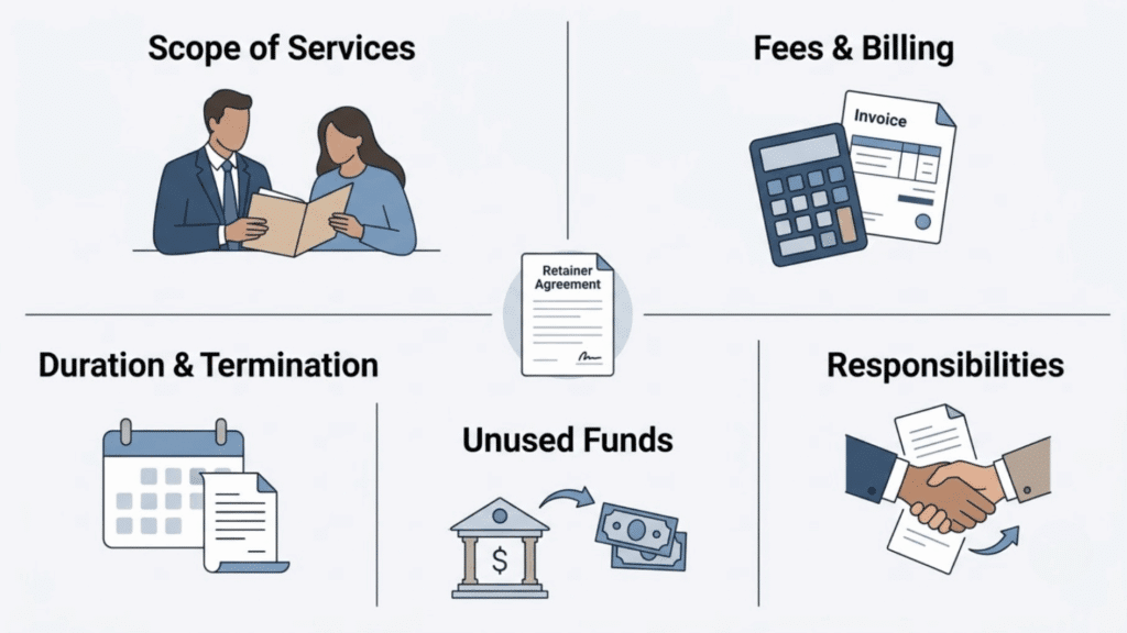 illustration showing key parts of a retainer agreement, including scope of services, fees and billing, duration and termination, responsibilities, and unused funds