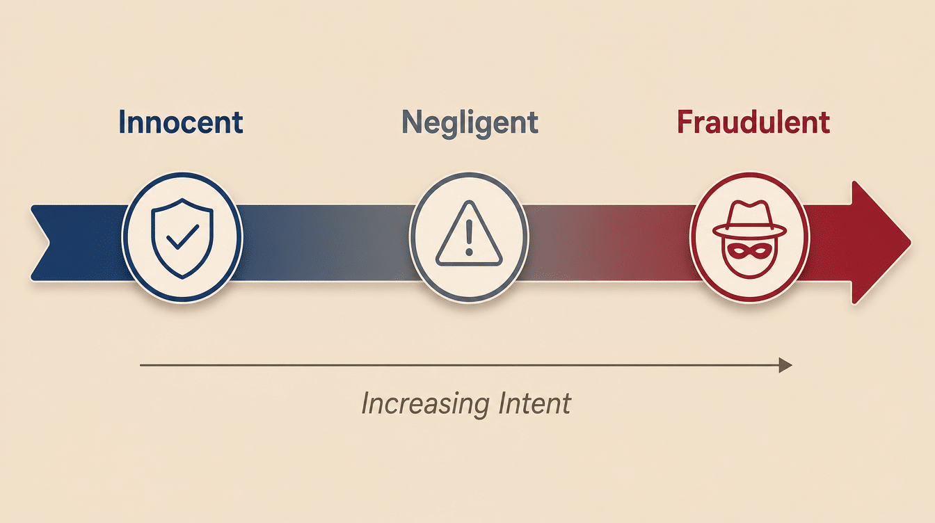 gradient arrow showing increasing intent from innocent to negligent to fraudulent misrepresentation