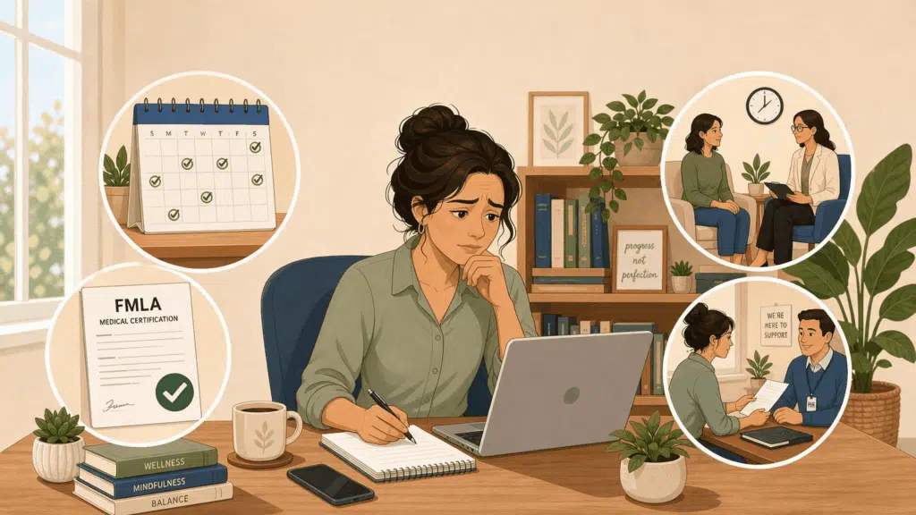 employee managing intermittent FMLA for mental health with a leave calendar, medical certification, therapy visit, and HR support