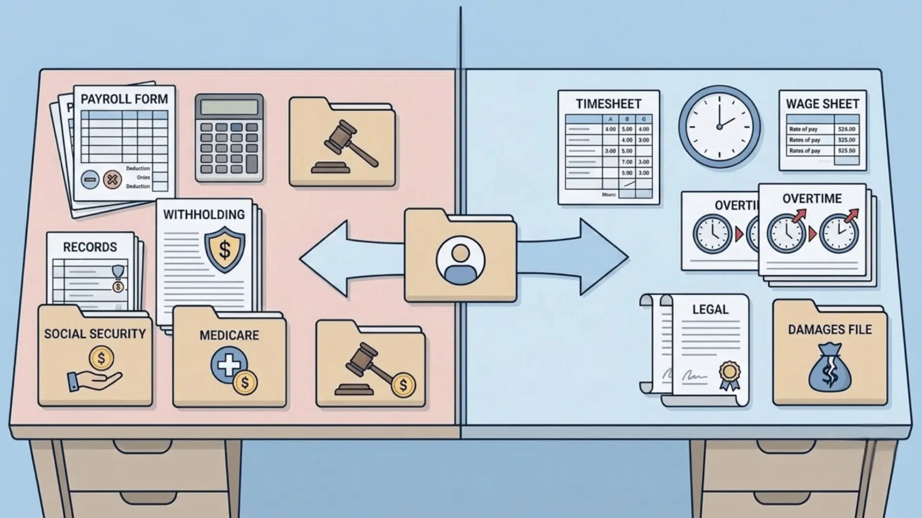 Illustration comparing irs tax and payroll factors with DOL wage, overtime, and worker classification factors