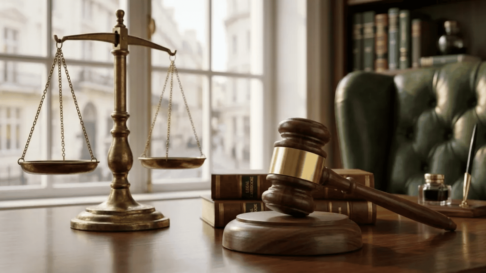 Law office desk with judge’s gavel, legal books, and scales of justice in a courtroom setting.
