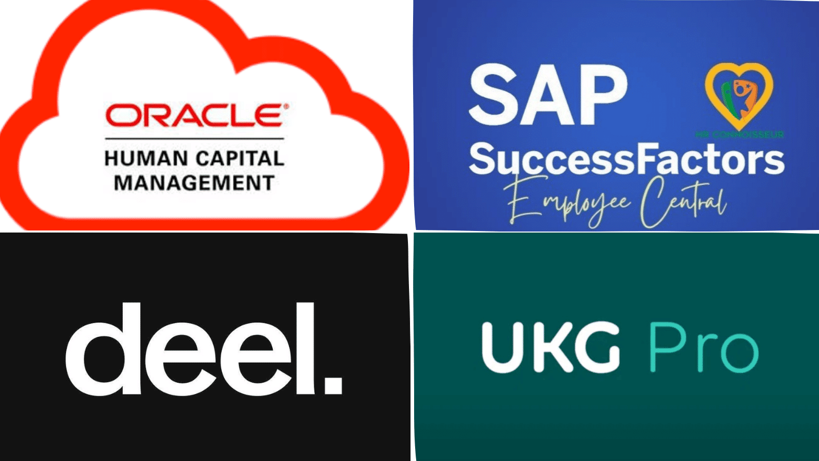 logo collage featuring Oracle Human Capital Management, SAP SuccessFactors, Deel, and UKG Pro enterprise HR and payroll platforms