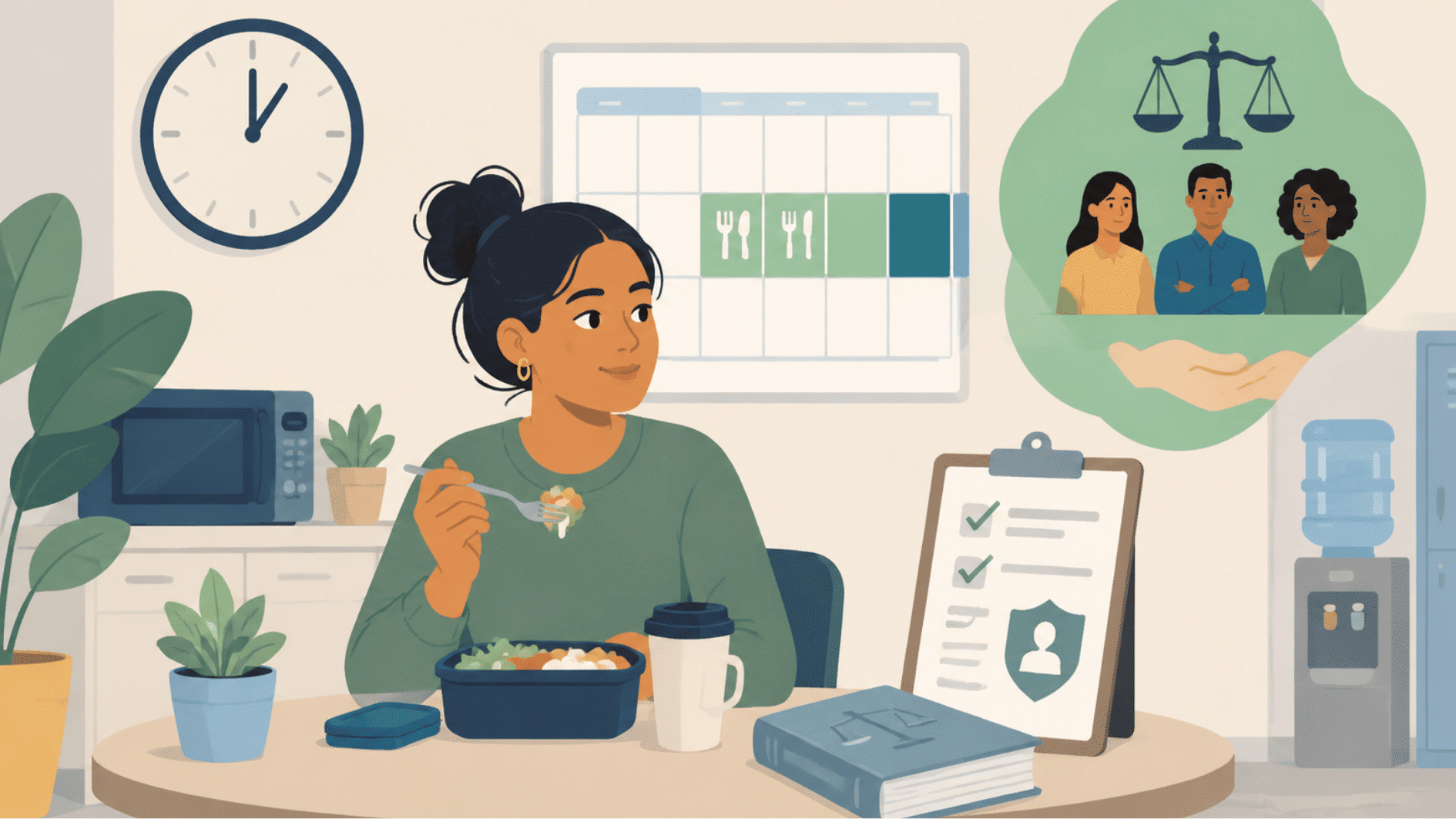 an illustration showing a female employee having lunch during break