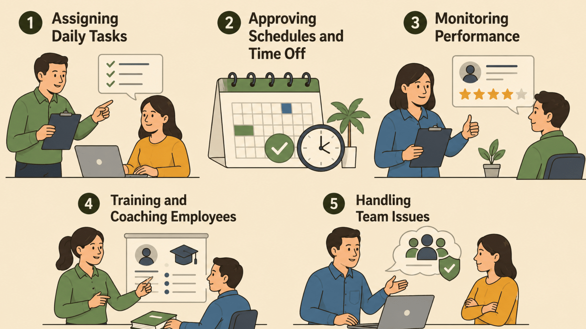 an infographic illustrating five key management responsibilities, including assigning tasks and coaching staff