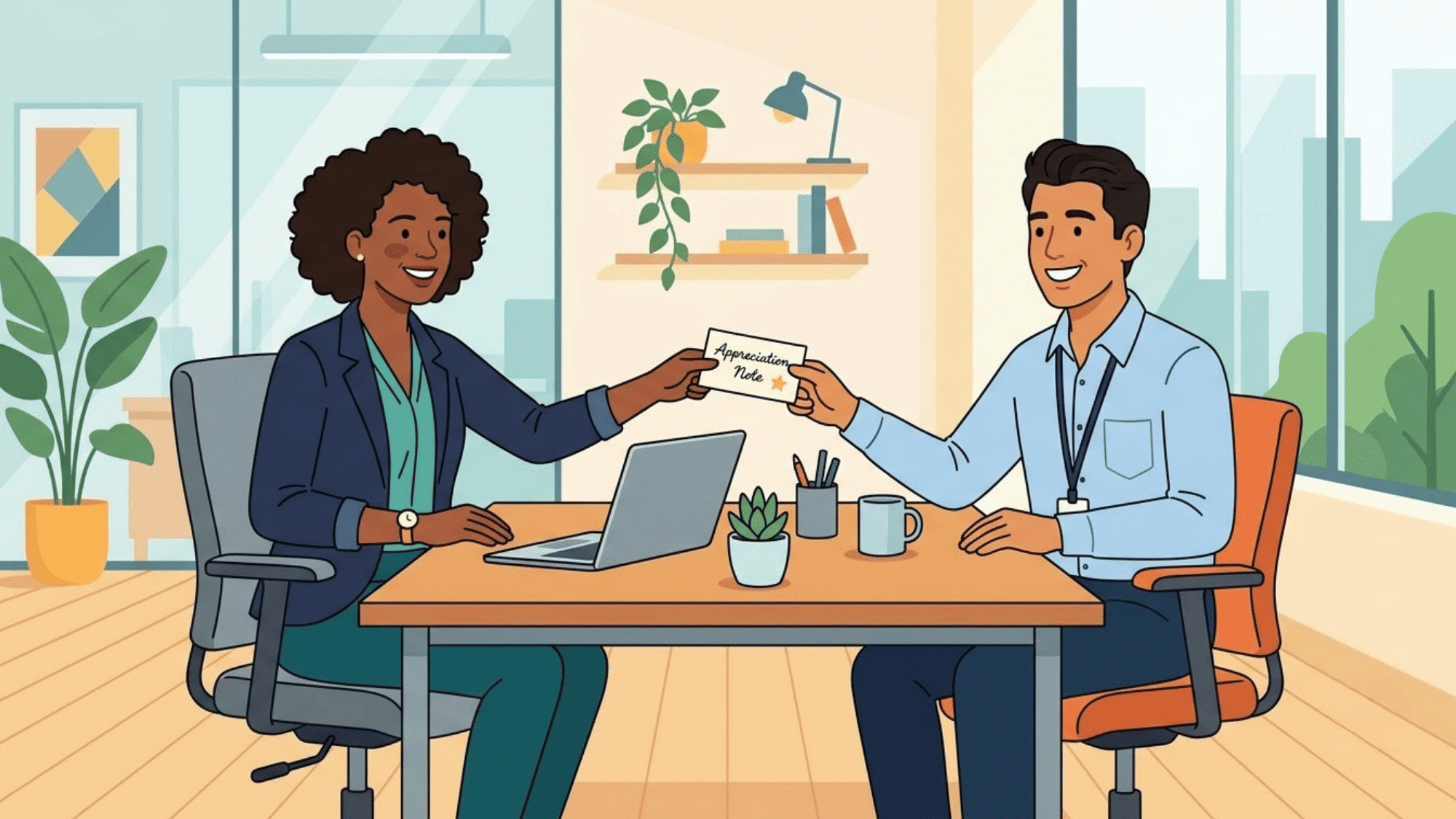 manager giving a handwritten appreciation note to an employee during a friendly one on one office conversation