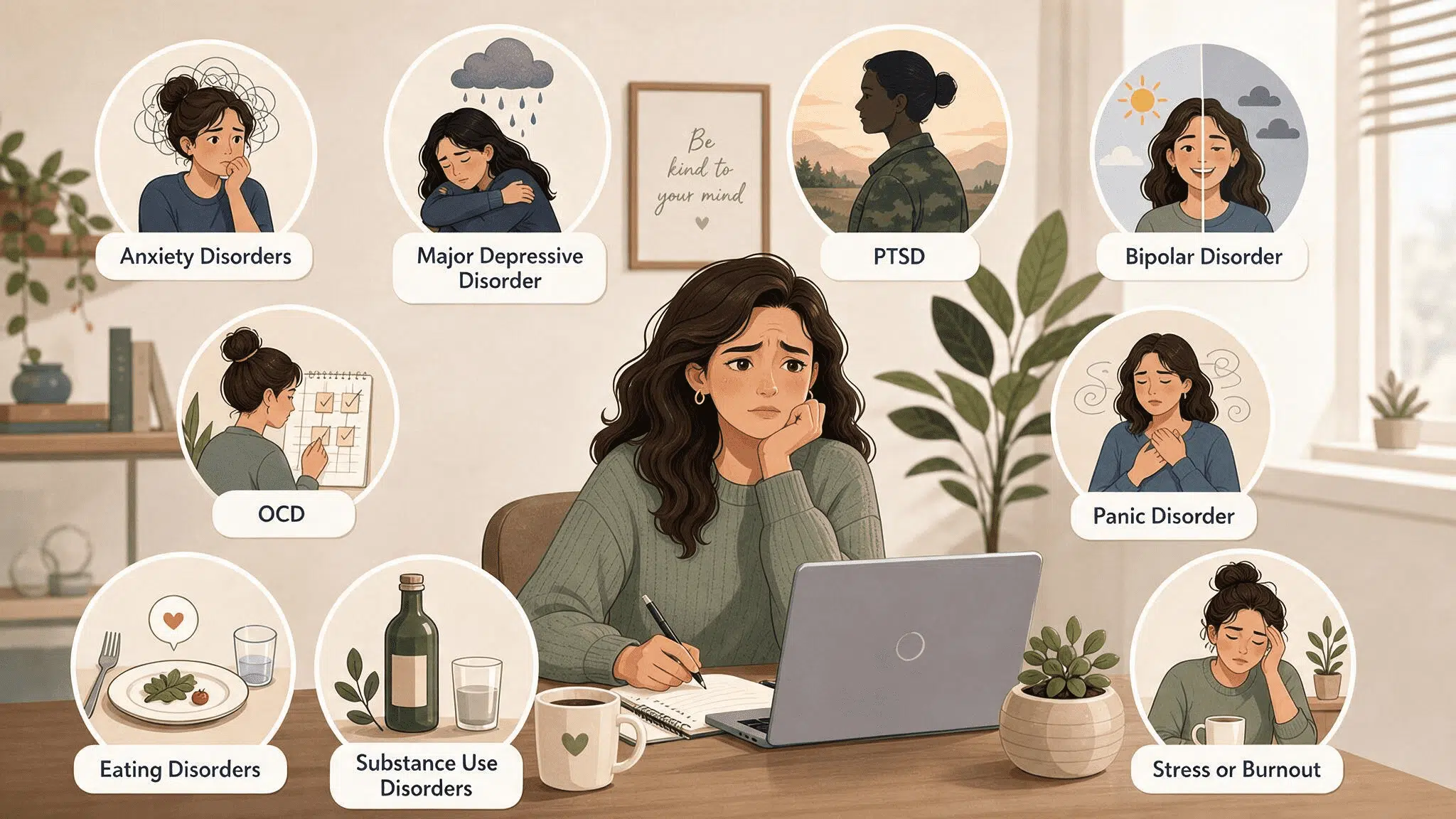 mental health conditions that may qualify for FMLA, including anxiety, depression, PTSD, bipolar disorder, OCD, panic disorder, eating disorders, substance use disorders, and burnout.