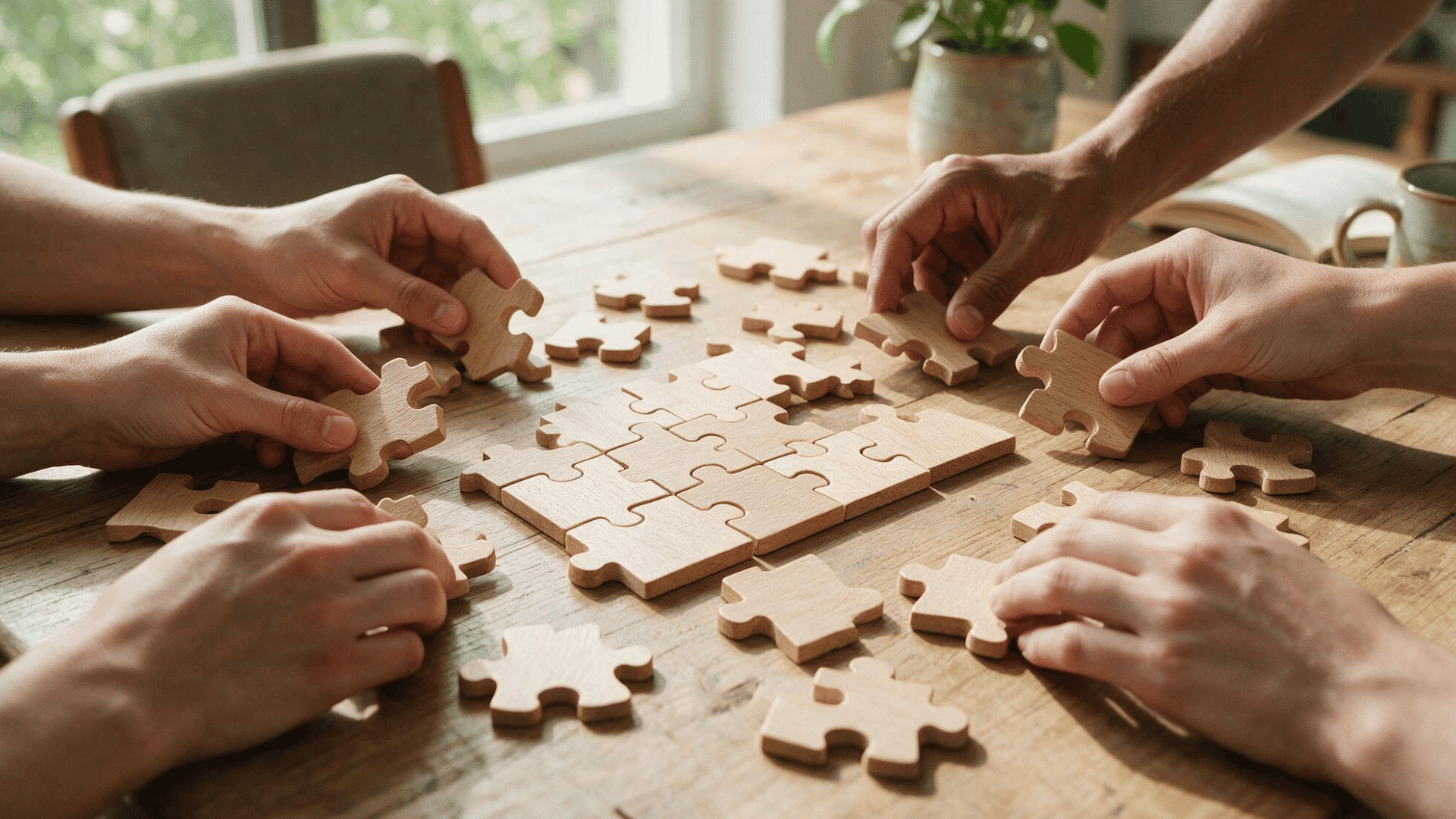 multiple hands work together connecting pieces of a wooden puzzle on a tabletop surface