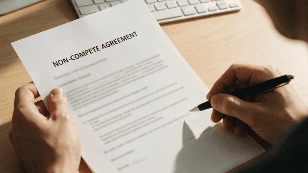 person reviewing and signing a non-compete agreement at an office desk