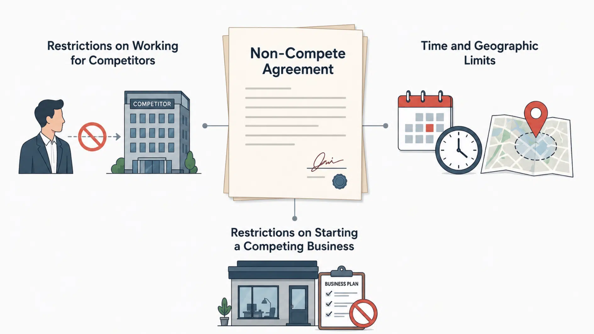 non compete agreement showing restrictions on working for competitors, starting a competing business, and time and geographic limits