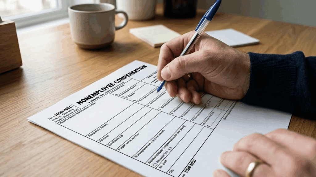 Person filling out a nonemployee compensation tax form with pen on a wooden desk