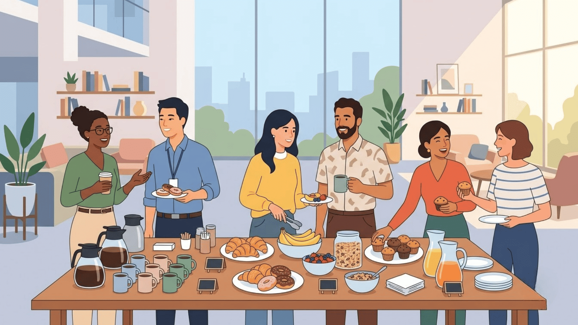 employees enjoying a workplace breakfast station with coworkers gathering around food and drinks in a modern office setting