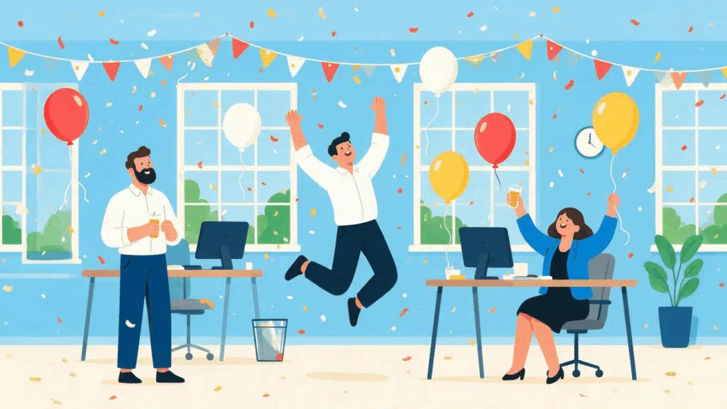 a colorful illustration of colleagues celebrating in an office with floating balloons and confetti