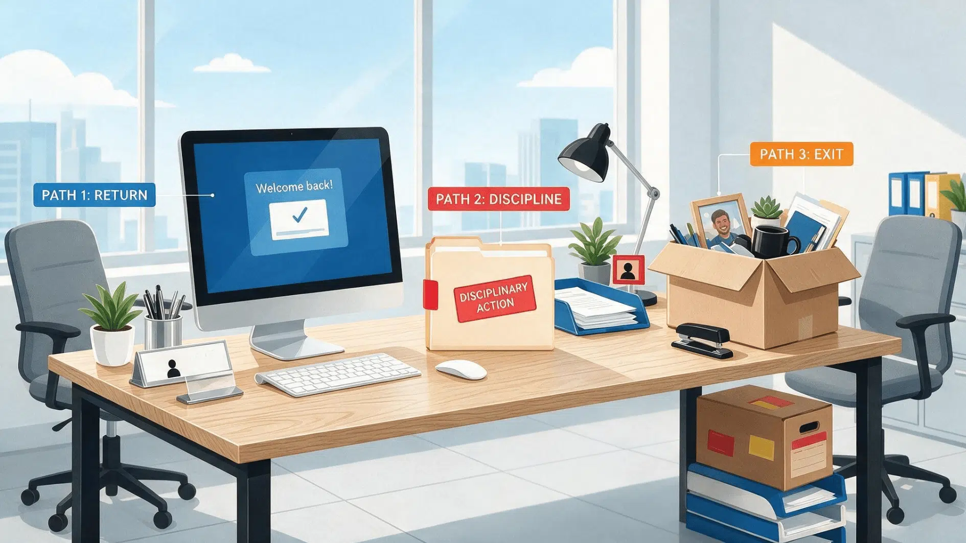 office desk showing three outcomes after administrative leave: return to work, disciplinary action, or exit from the company