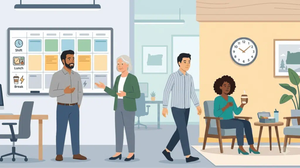 illustration showing Oregon workplace break laws in a modern office setting