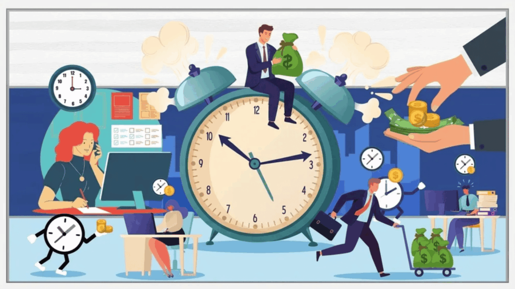 Overtime and salaried work concept illustration showing clock, office workers, money exchange, and time pressure.