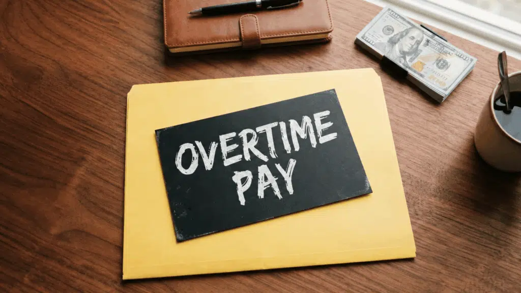 a sign reading overtime pay sits on a yellow folder on a wooden desk near a stack of cash and coffee
