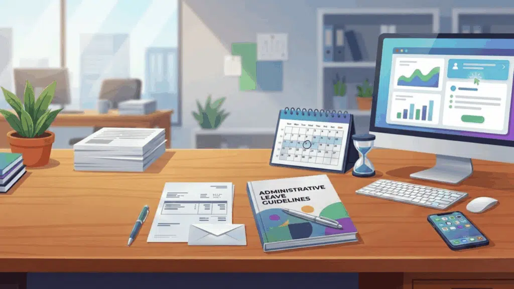paid administrative leave desk setup with workplace documents, calendar, computer, and administrative leave guidelines