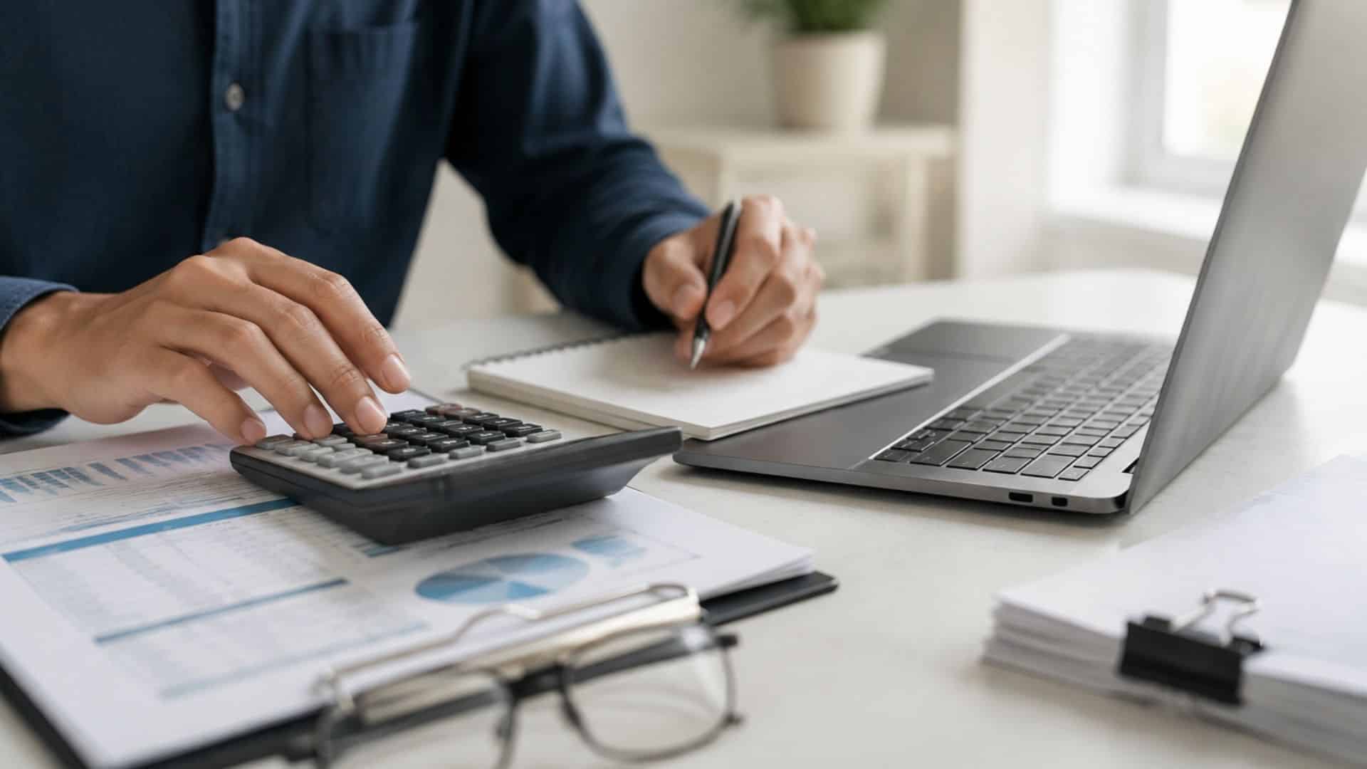 person calculating unpaid wages with documents and calculator for interest rate on unpaid wages in california