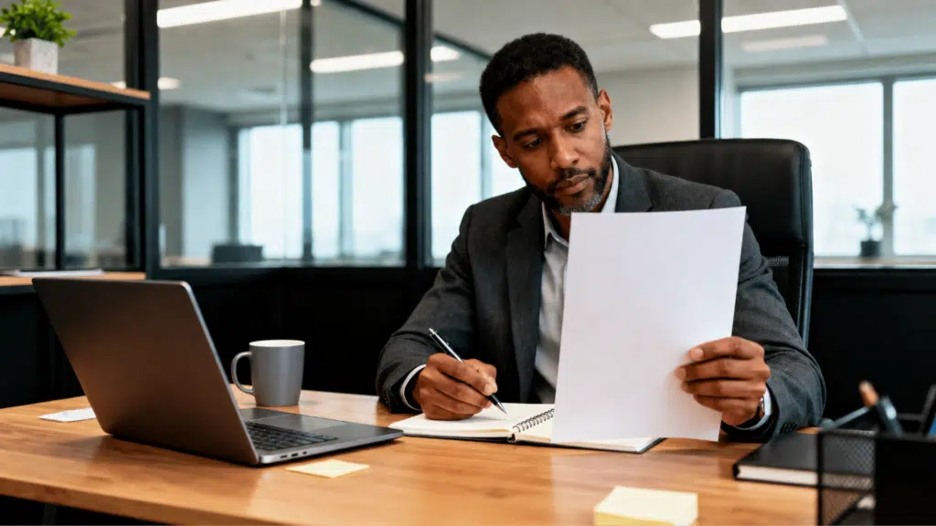 hiring manager reviewing PI Behavioral Assessment results and workplace behavior data during candidate evaluation