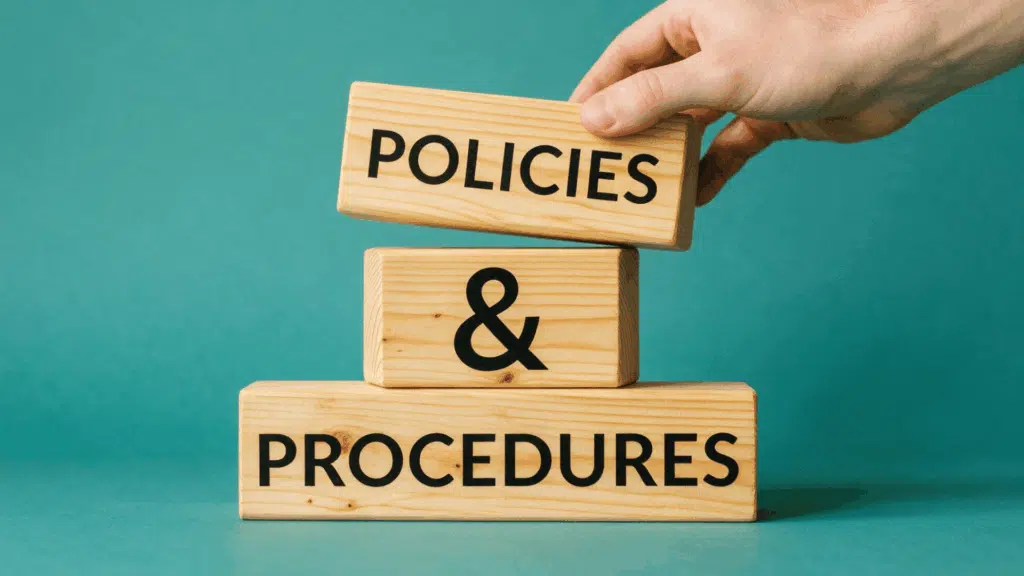 a hand placing a wooden block reading policies on top of blocks for procedures against a teal backdrop