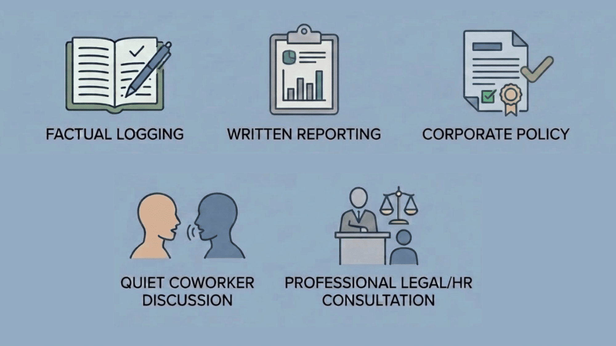 minimal icons showing factual notes written reports company policies coworker talks and professional hr support