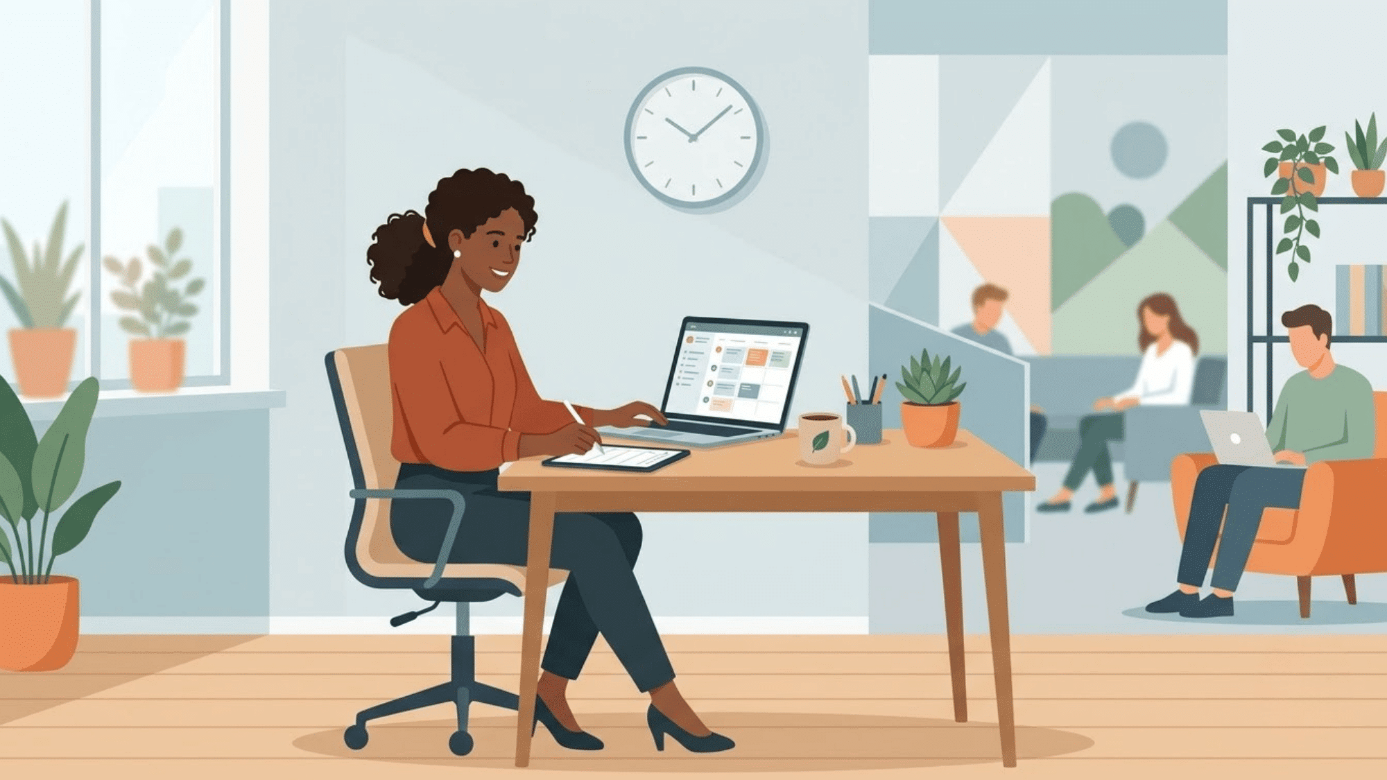 employee working comfortably with flexible hours in a modern office workspace with a relaxed professional setting