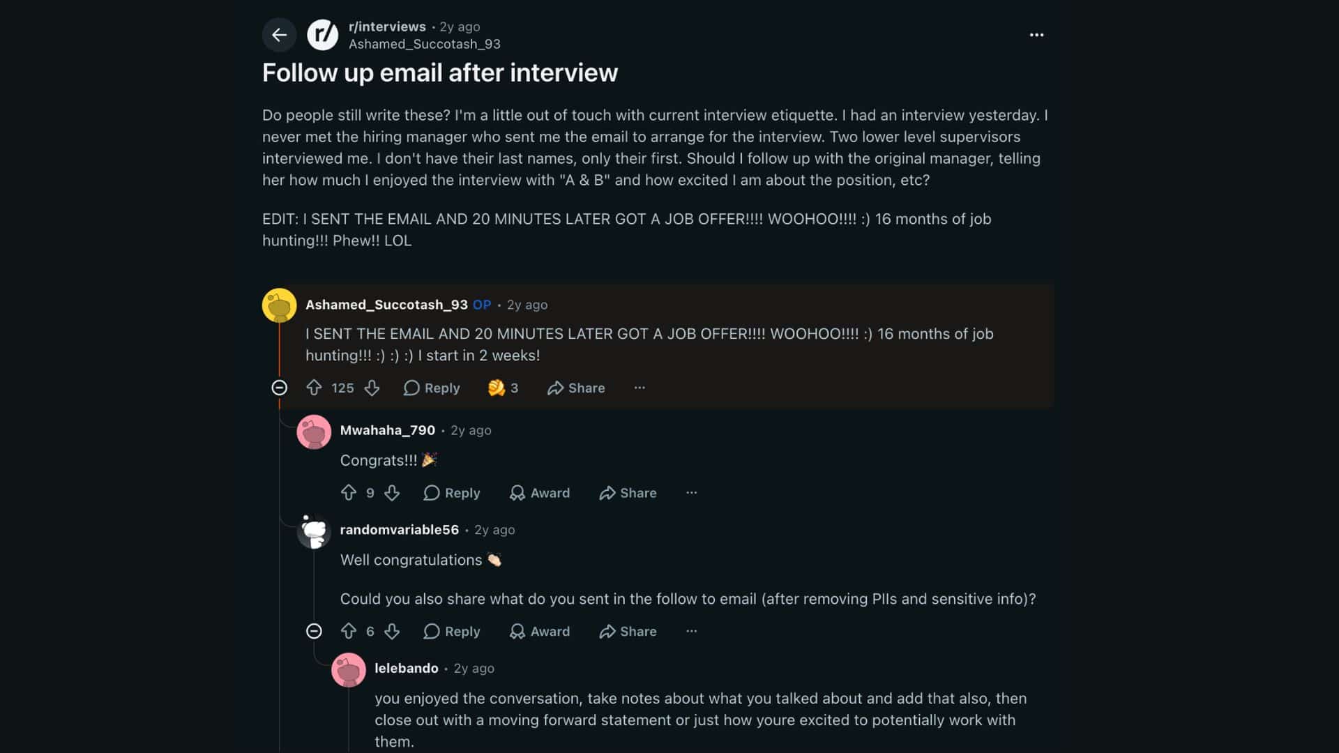 reddit discussion showing advice about sending a follow-up email after interview