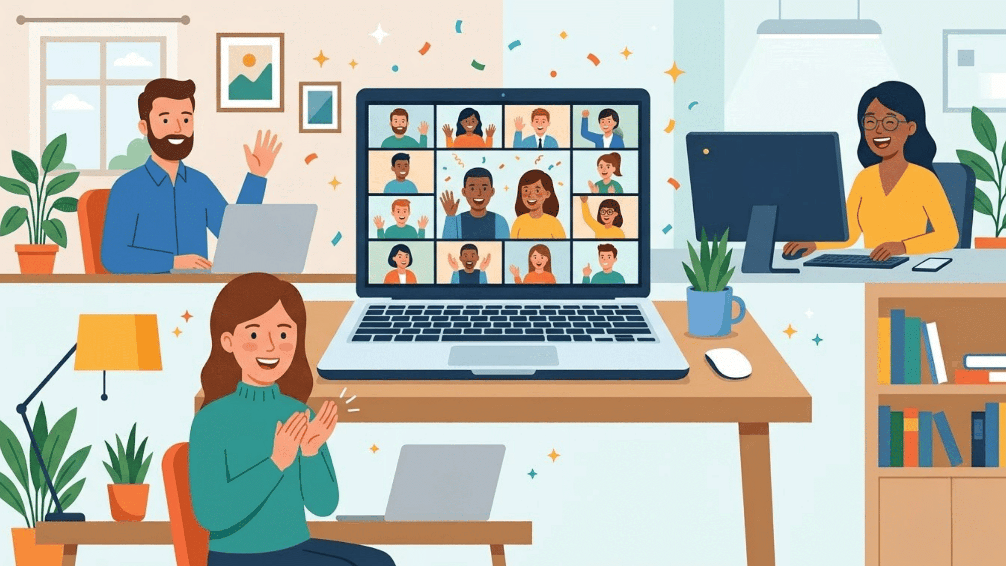 remote employees joining a virtual appreciation event through laptops from different work locations