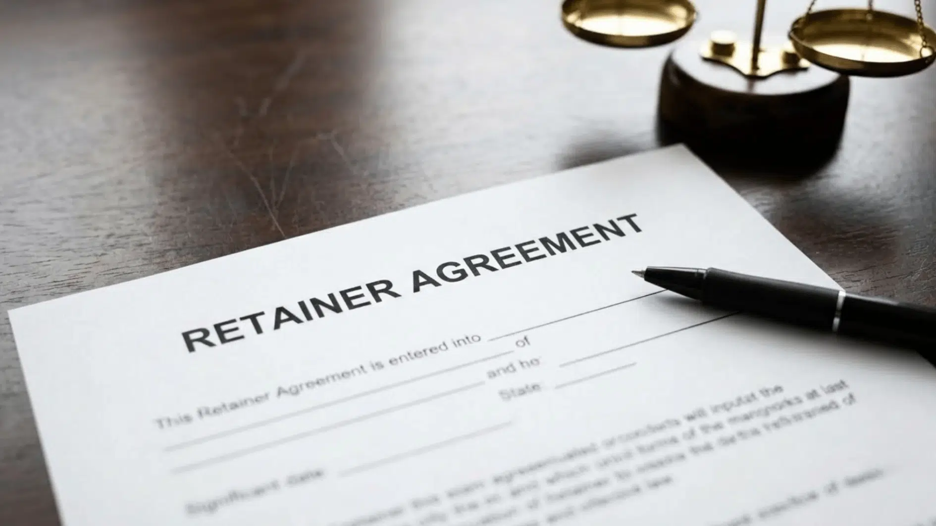 retainer agreement document on a lawyer’s desk with a black pen and scales of justice in the background