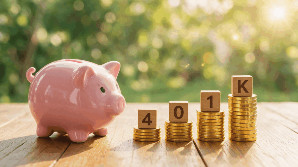 a pink piggy bank sits next to growing stacks of gold coins topped with wooden blocks spelling 401K outdoors