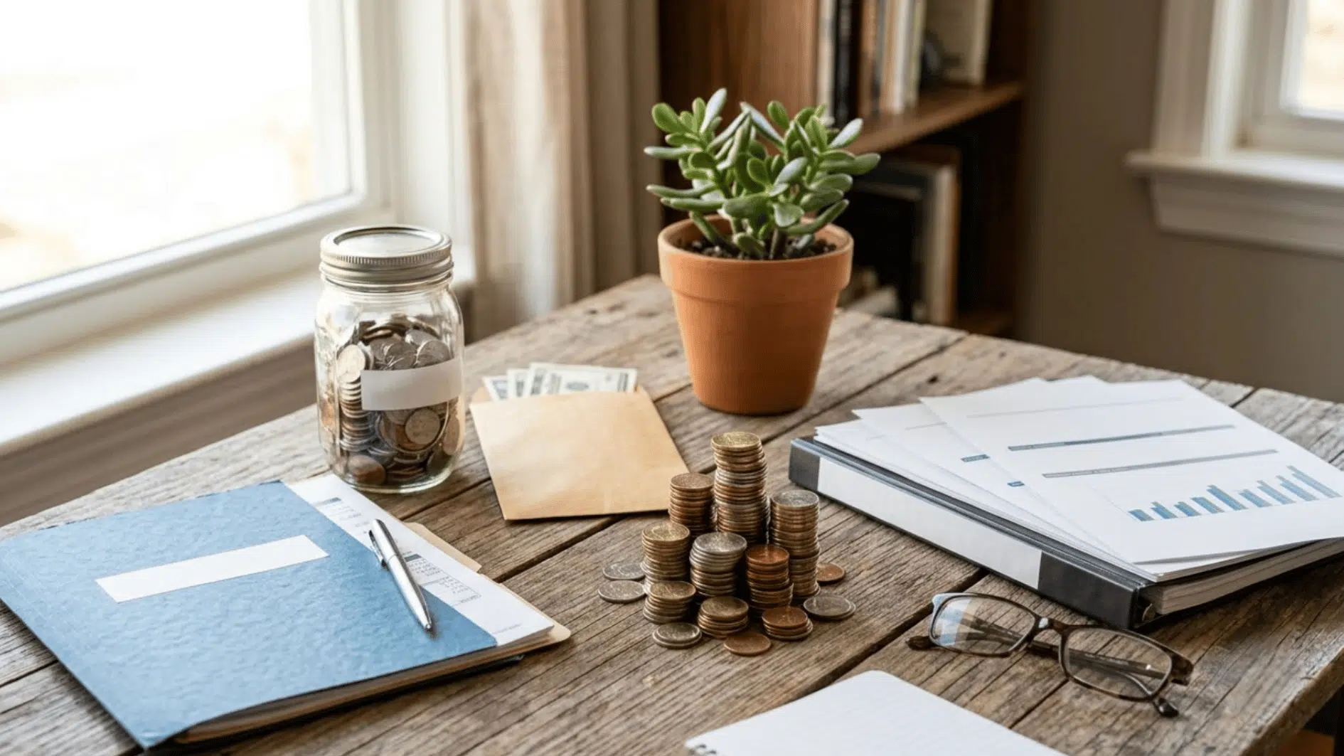 retirement savings setup with stacked coins, a savings jar, financial reports, and a plant on a wooden desk