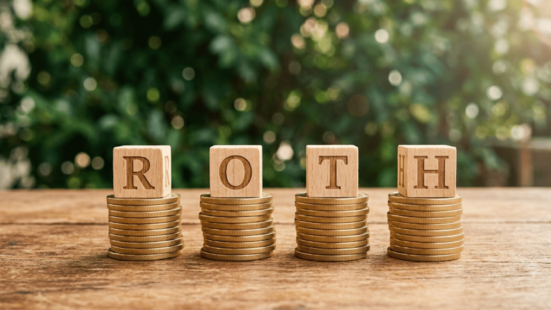 four stacks of gold coins topped with letter blocks spelling ROTH on a wooden surface with background