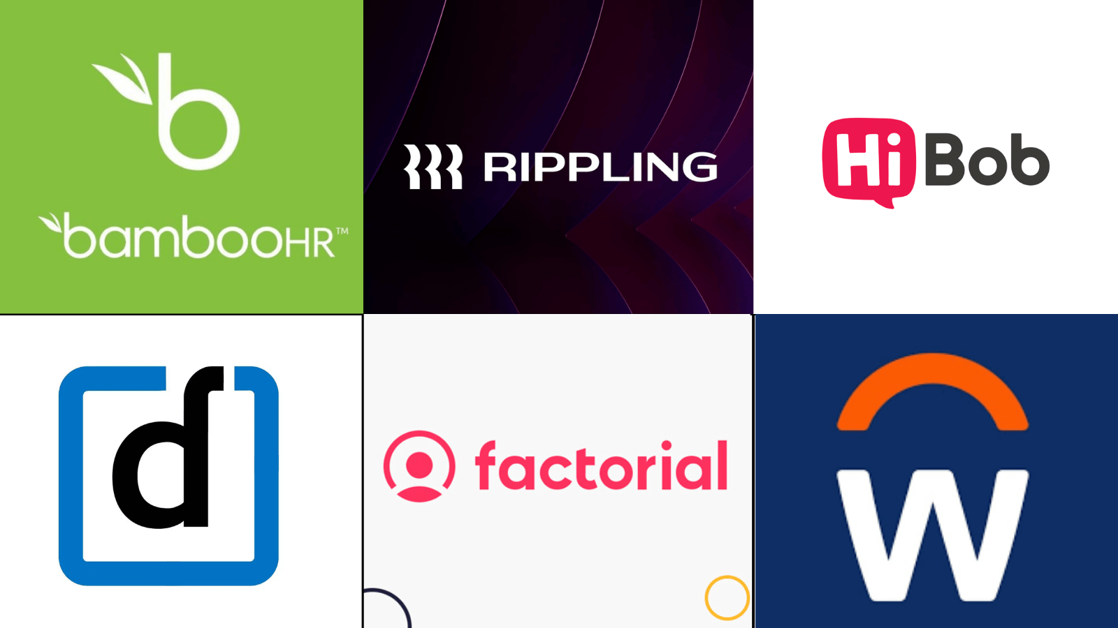six-panel graphic displaying bamboohr, rippling, hibob, factorial, workday and darwin logos