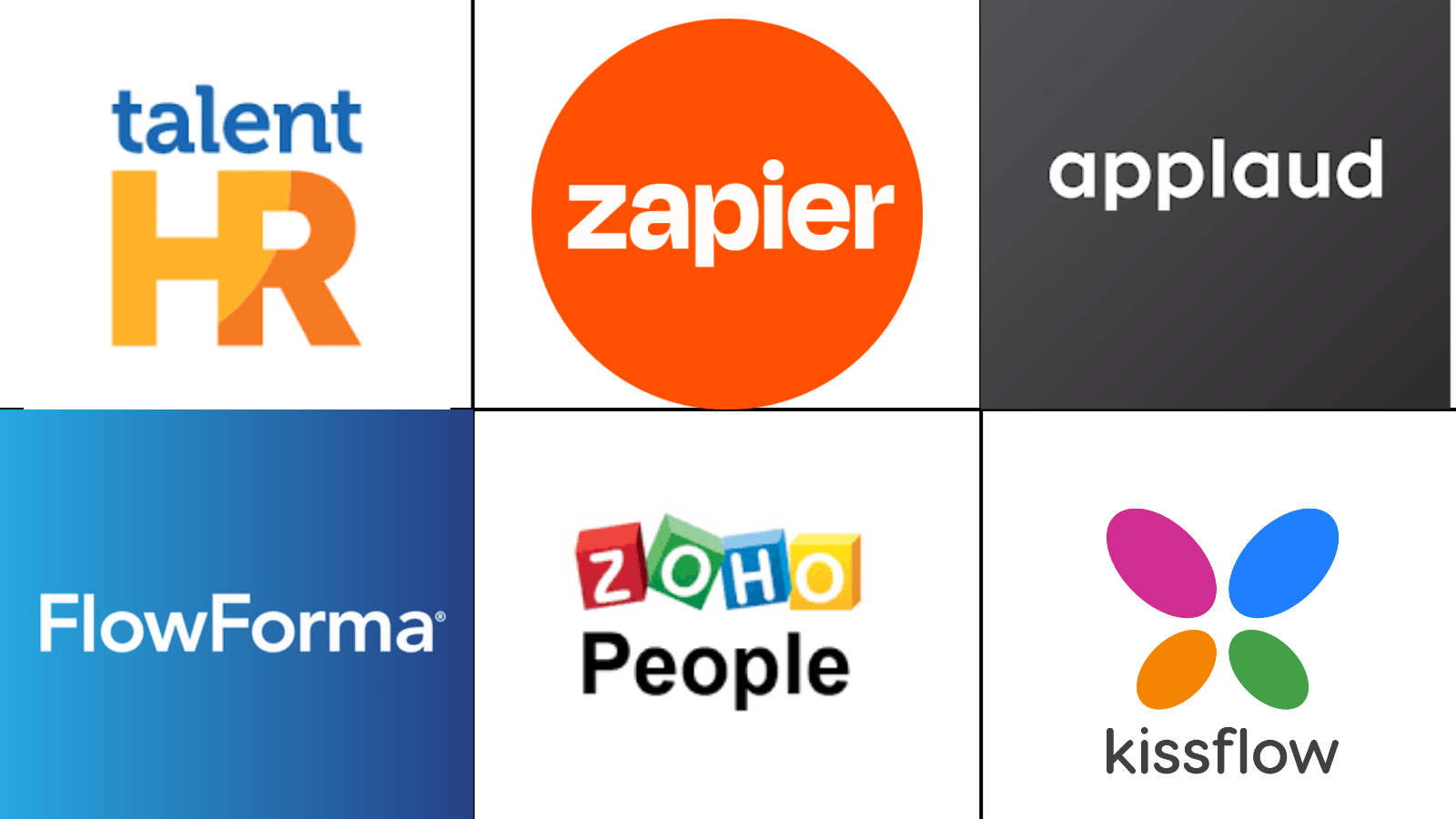six-panel graphic displaying talenthr, zapier, applaud, flowforma, zoho poeple, and kissflow tool logos